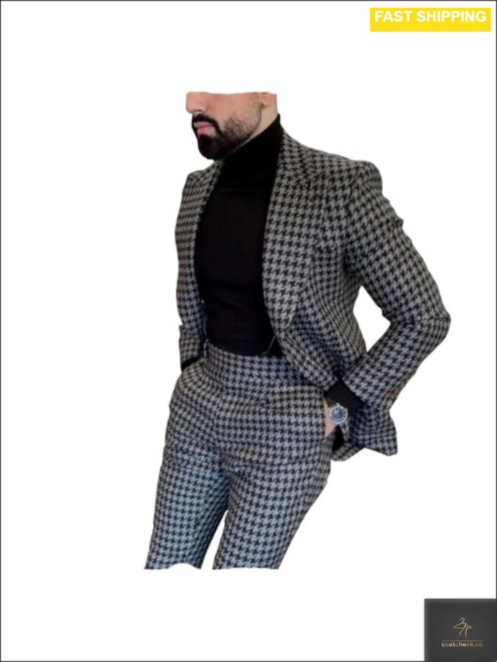 Mens Houndstooth Blazer Suit Slim Fit Wedding Prom Party